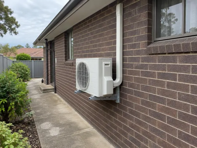 Wall-mounted outdoor air conditioner on brick house exterior beside a side path in Modbury Heights